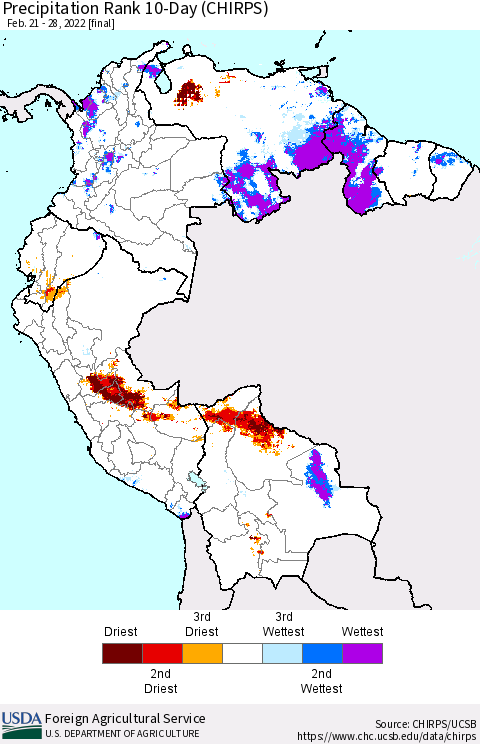Northern South America Precipitation Rank 10-Day (CHIRPS) Thematic Map For 2/21/2022 - 2/28/2022