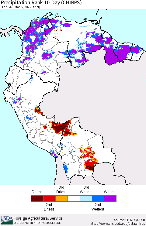 Northern South America Precipitation Rank 10-Day (CHIRPS) Thematic Map For 2/26/2022 - 3/5/2022