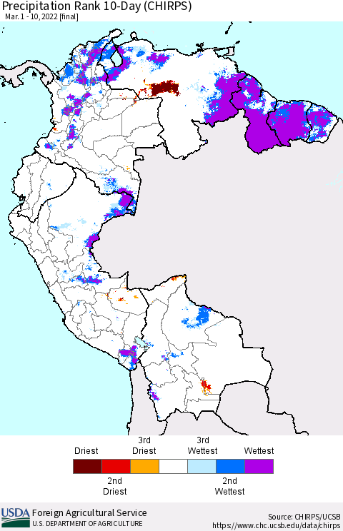 Northern South America Precipitation Rank 10-Day (CHIRPS) Thematic Map For 3/1/2022 - 3/10/2022