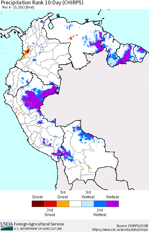 Northern South America Precipitation Rank 10-Day (CHIRPS) Thematic Map For 3/6/2022 - 3/15/2022