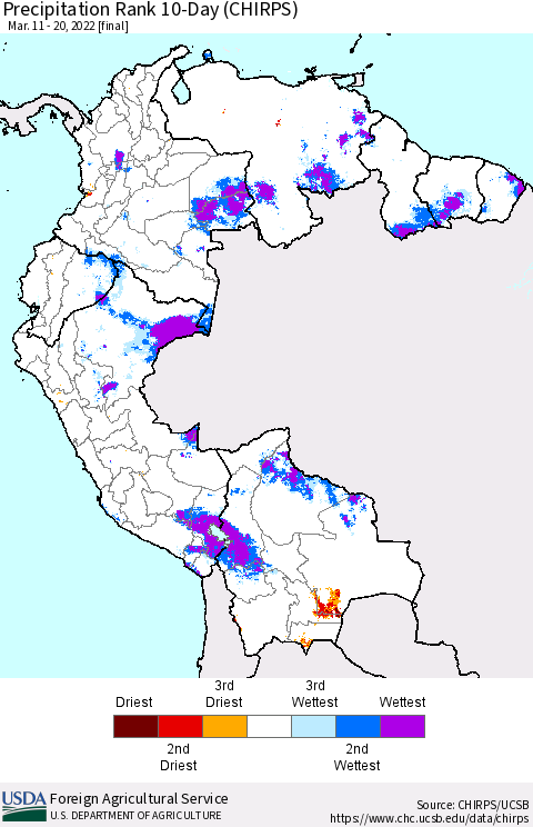 Northern South America Precipitation Rank 10-Day (CHIRPS) Thematic Map For 3/11/2022 - 3/20/2022