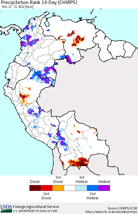 Northern South America Precipitation Rank 10-Day (CHIRPS) Thematic Map For 3/21/2022 - 3/31/2022
