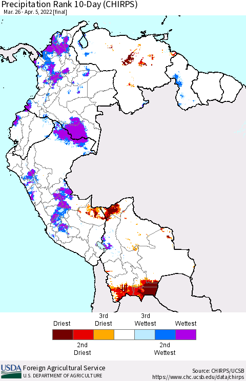 Northern South America Precipitation Rank since 1981, 10-Day (CHIRPS) Thematic Map For 3/26/2022 - 4/5/2022