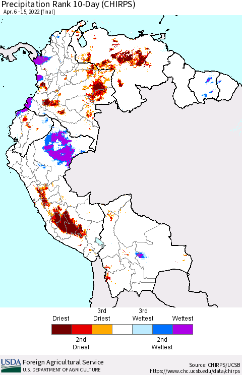 Northern South America Precipitation Rank 10-Day (CHIRPS) Thematic Map For 4/6/2022 - 4/15/2022