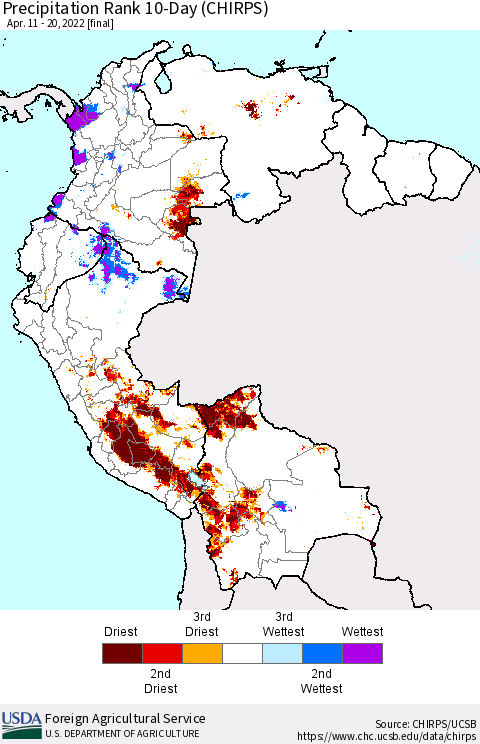 Northern South America Precipitation Rank 10-Day (CHIRPS) Thematic Map For 4/11/2022 - 4/20/2022