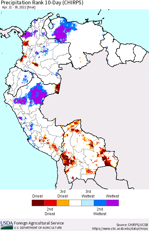 Northern South America Precipitation Rank since 1981, 10-Day (CHIRPS) Thematic Map For 4/21/2022 - 4/30/2022