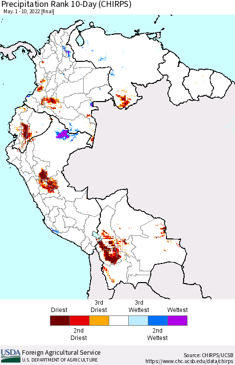 Northern South America Precipitation Rank 10-Day (CHIRPS) Thematic Map For 5/1/2022 - 5/10/2022