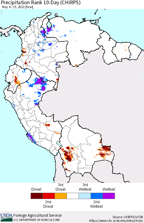 Northern South America Precipitation Rank since 1981, 10-Day (CHIRPS) Thematic Map For 5/6/2022 - 5/15/2022