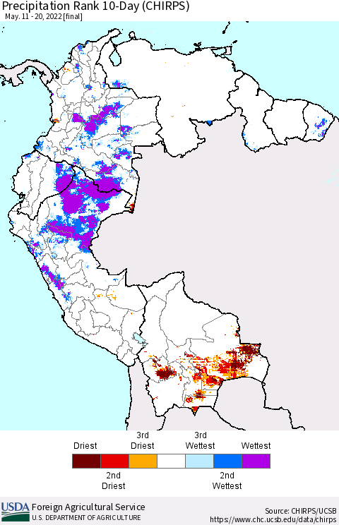 Northern South America Precipitation Rank since 1981, 10-Day (CHIRPS) Thematic Map For 5/11/2022 - 5/20/2022