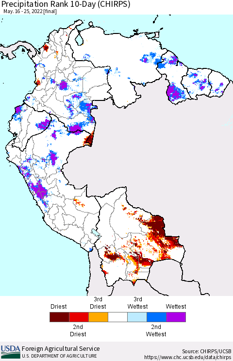 Northern South America Precipitation Rank 10-Day (CHIRPS) Thematic Map For 5/16/2022 - 5/25/2022