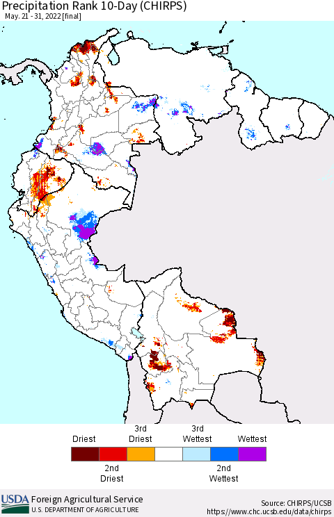 Northern South America Precipitation Rank since 1981, 10-Day (CHIRPS) Thematic Map For 5/21/2022 - 5/31/2022