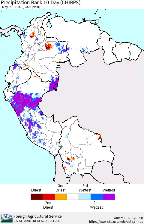 Northern South America Precipitation Rank 10-Day (CHIRPS) Thematic Map For 5/26/2022 - 6/5/2022