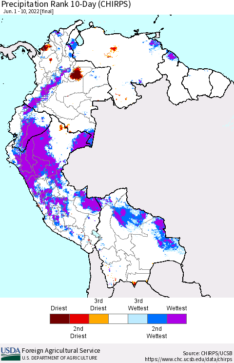 Northern South America Precipitation Rank since 1981, 10-Day (CHIRPS) Thematic Map For 6/1/2022 - 6/10/2022
