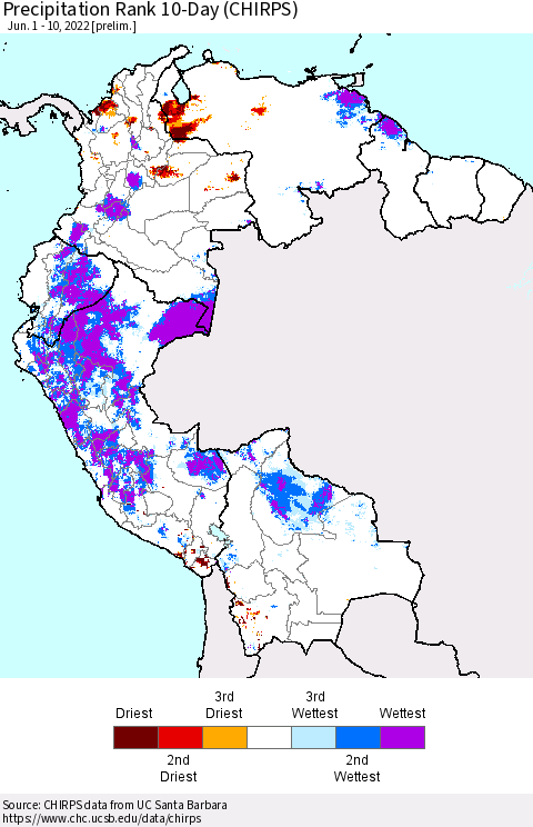 Northern South America Precipitation Rank 10-Day (CHIRPS) Thematic Map For 6/1/2022 - 6/10/2022
