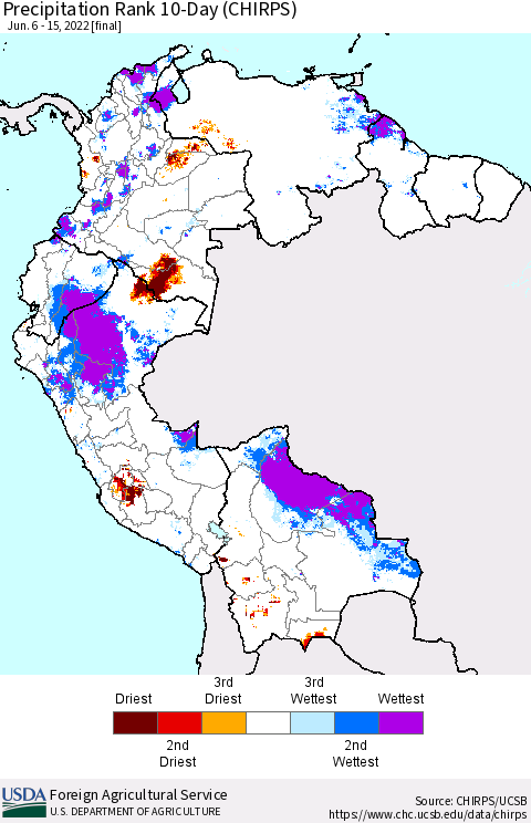Northern South America Precipitation Rank since 1981, 10-Day (CHIRPS) Thematic Map For 6/6/2022 - 6/15/2022
