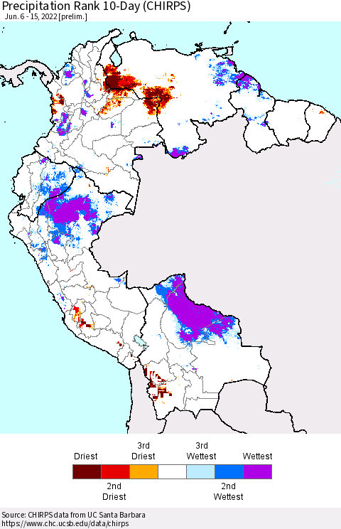 Northern South America Precipitation Rank 10-Day (CHIRPS) Thematic Map For 6/6/2022 - 6/15/2022
