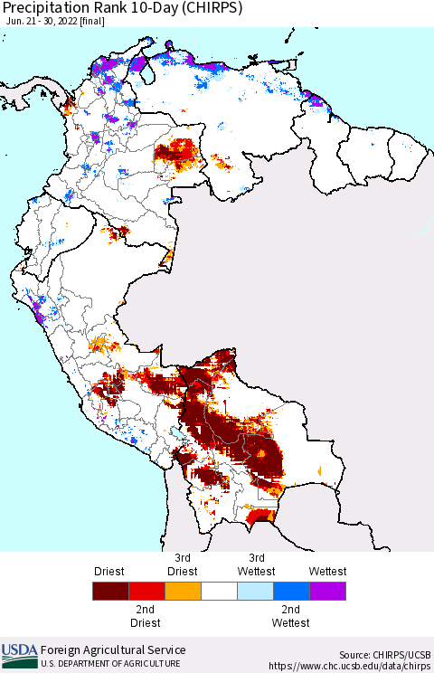 Northern South America Precipitation Rank since 1981, 10-Day (CHIRPS) Thematic Map For 6/21/2022 - 6/30/2022