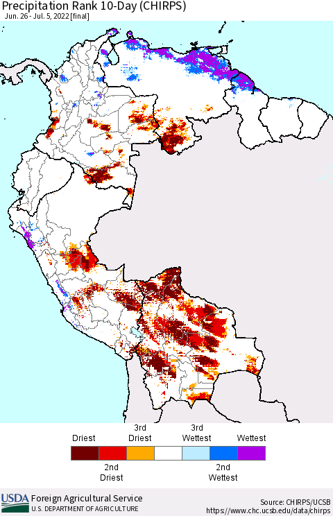 Northern South America Precipitation Rank 10-Day (CHIRPS) Thematic Map For 6/26/2022 - 7/5/2022