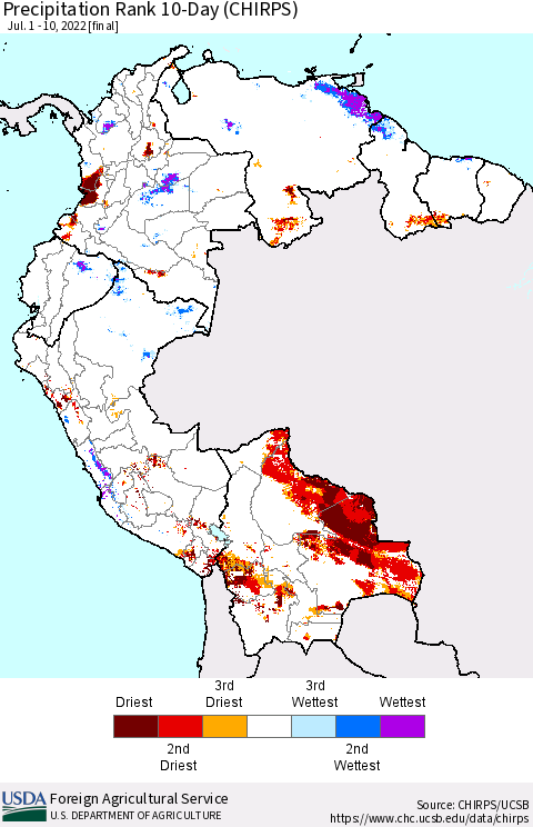 Northern South America Precipitation Rank since 1981, 10-Day (CHIRPS) Thematic Map For 7/1/2022 - 7/10/2022