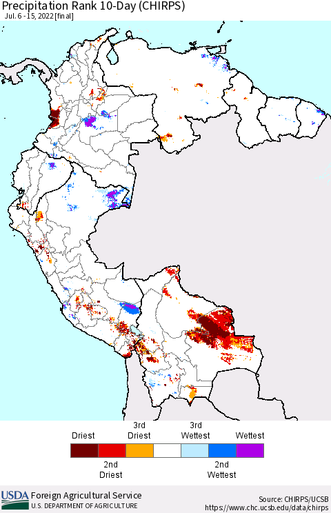 Northern South America Precipitation Rank since 1981, 10-Day (CHIRPS) Thematic Map For 7/6/2022 - 7/15/2022