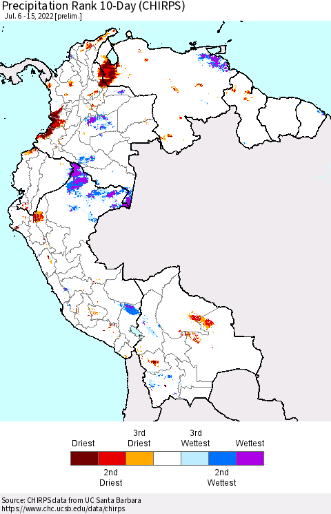 Northern South America Precipitation Rank 10-Day (CHIRPS) Thematic Map For 7/6/2022 - 7/15/2022