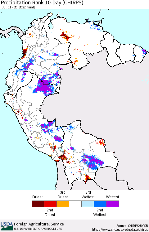 Northern South America Precipitation Rank since 1981, 10-Day (CHIRPS) Thematic Map For 7/11/2022 - 7/20/2022
