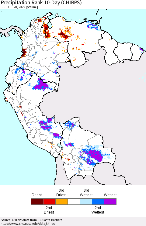 Northern South America Precipitation Rank 10-Day (CHIRPS) Thematic Map For 7/11/2022 - 7/20/2022