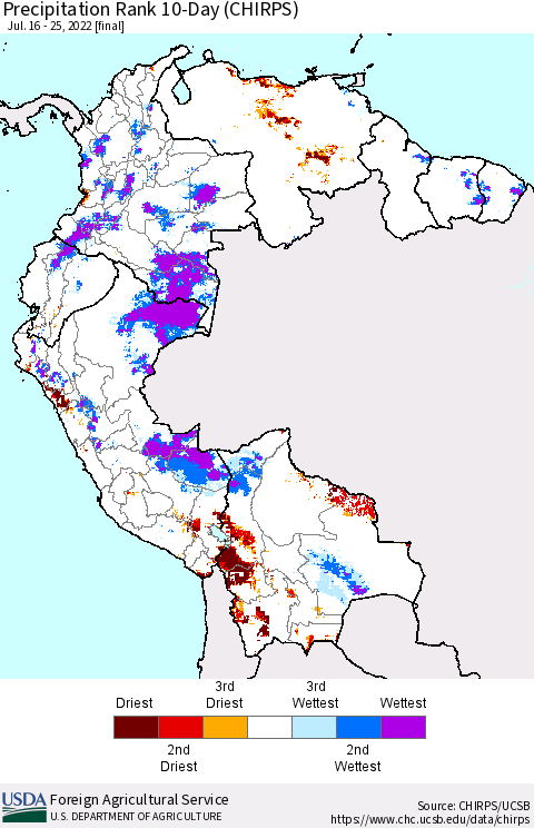 Northern South America Precipitation Rank since 1981, 10-Day (CHIRPS) Thematic Map For 7/16/2022 - 7/25/2022