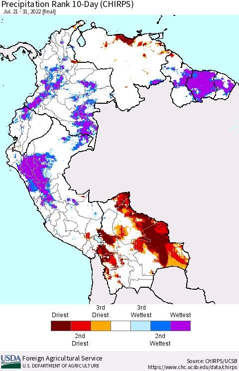Northern South America Precipitation Rank 10-Day (CHIRPS) Thematic Map For 7/21/2022 - 7/31/2022