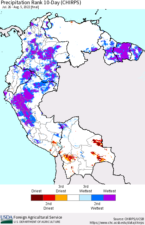 Northern South America Precipitation Rank since 1981, 10-Day (CHIRPS) Thematic Map For 7/26/2022 - 8/5/2022