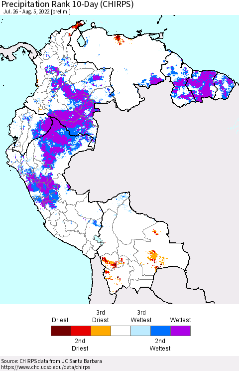 Northern South America Precipitation Rank 10-Day (CHIRPS) Thematic Map For 7/26/2022 - 8/5/2022