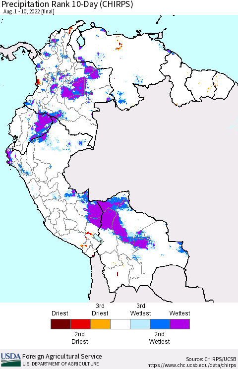 Northern South America Precipitation Rank since 1981, 10-Day (CHIRPS) Thematic Map For 8/1/2022 - 8/10/2022