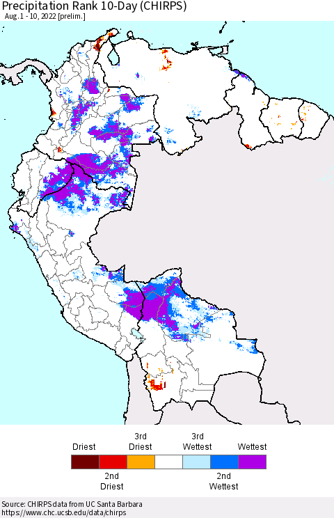 Northern South America Precipitation Rank 10-Day (CHIRPS) Thematic Map For 8/1/2022 - 8/10/2022