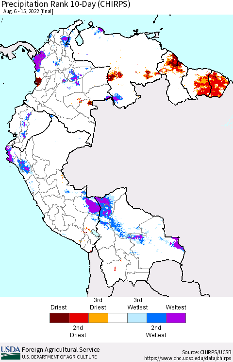 Northern South America Precipitation Rank since 1981, 10-Day (CHIRPS) Thematic Map For 8/6/2022 - 8/15/2022