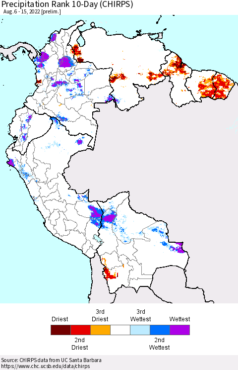 Northern South America Precipitation Rank 10-Day (CHIRPS) Thematic Map For 8/6/2022 - 8/15/2022