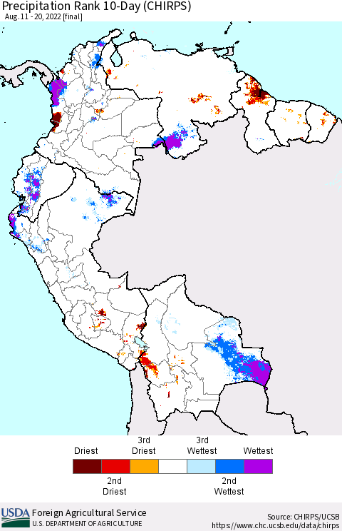 Northern South America Precipitation Rank since 1981, 10-Day (CHIRPS) Thematic Map For 8/11/2022 - 8/20/2022