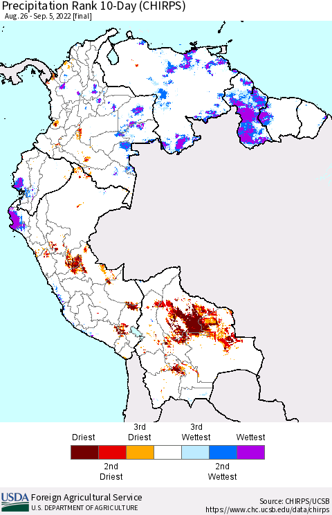 Northern South America Precipitation Rank since 1981, 10-Day (CHIRPS) Thematic Map For 8/26/2022 - 9/5/2022