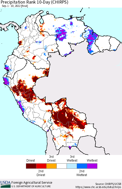Northern South America Precipitation Rank since 1981, 10-Day (CHIRPS) Thematic Map For 9/1/2022 - 9/10/2022