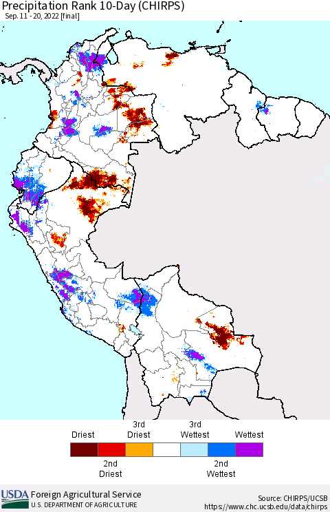 Northern South America Precipitation Rank since 1981, 10-Day (CHIRPS) Thematic Map For 9/11/2022 - 9/20/2022