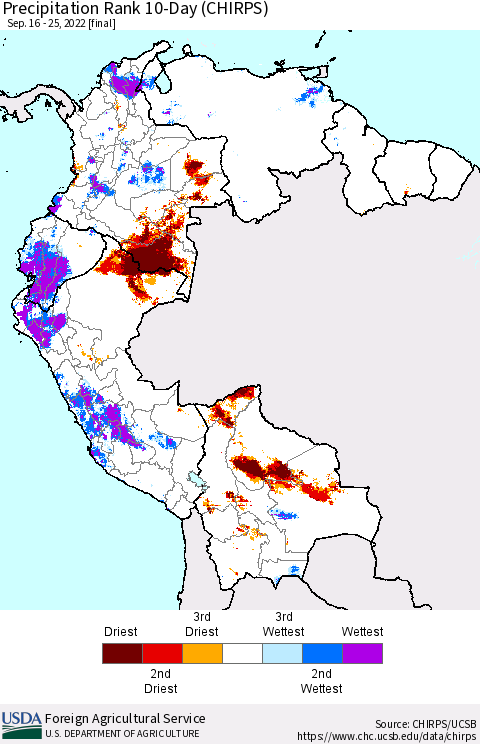 Northern South America Precipitation Rank since 1981, 10-Day (CHIRPS) Thematic Map For 9/16/2022 - 9/25/2022