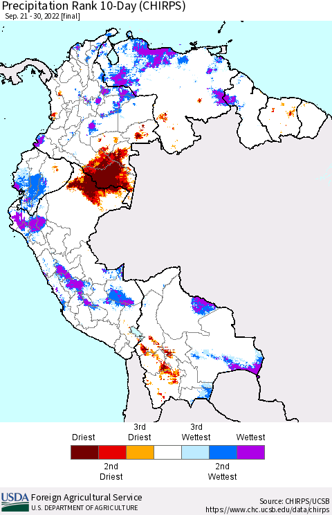 Northern South America Precipitation Rank since 1981, 10-Day (CHIRPS) Thematic Map For 9/21/2022 - 9/30/2022