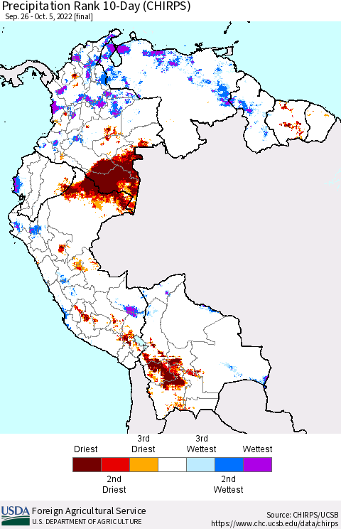 Northern South America Precipitation Rank since 1981, 10-Day (CHIRPS) Thematic Map For 9/26/2022 - 10/5/2022