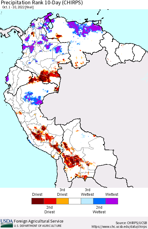 Northern South America Precipitation Rank since 1981, 10-Day (CHIRPS) Thematic Map For 10/1/2022 - 10/10/2022