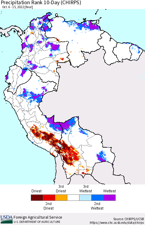 Northern South America Precipitation Rank since 1981, 10-Day (CHIRPS) Thematic Map For 10/6/2022 - 10/15/2022