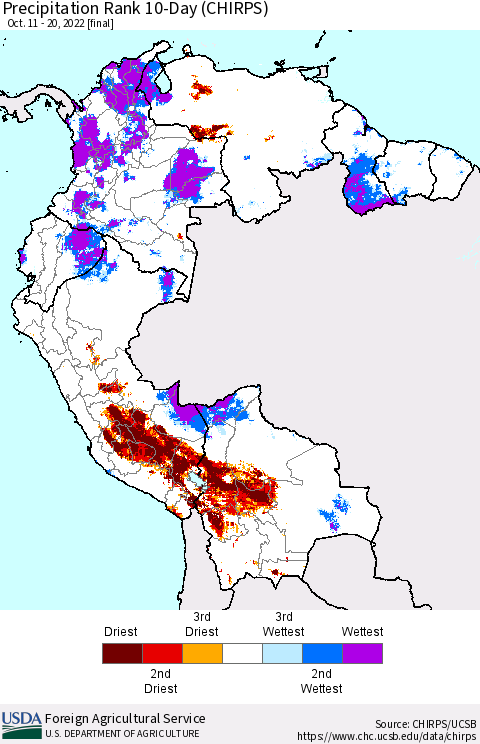 Northern South America Precipitation Rank since 1981, 10-Day (CHIRPS) Thematic Map For 10/11/2022 - 10/20/2022