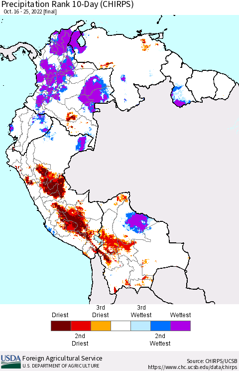 Northern South America Precipitation Rank since 1981, 10-Day (CHIRPS) Thematic Map For 10/16/2022 - 10/25/2022