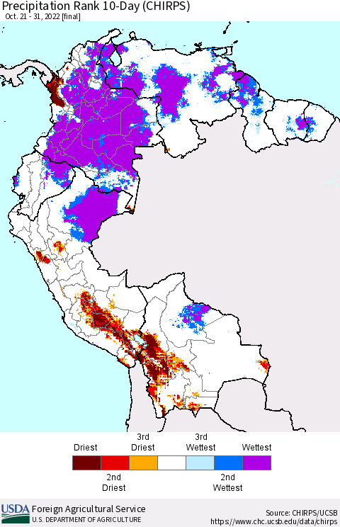 Northern South America Precipitation Rank since 1981, 10-Day (CHIRPS) Thematic Map For 10/21/2022 - 10/31/2022