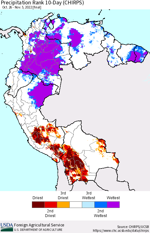 Northern South America Precipitation Rank since 1981, 10-Day (CHIRPS) Thematic Map For 10/26/2022 - 11/5/2022