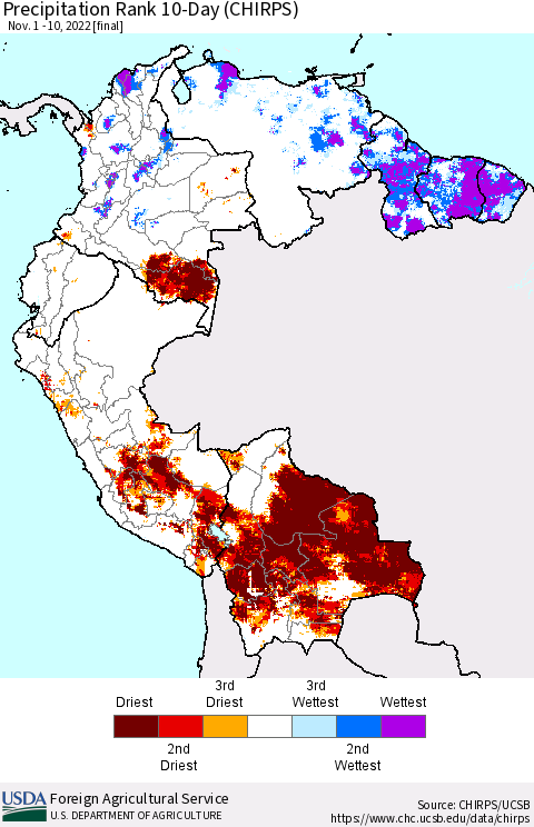 Northern South America Precipitation Rank since 1981, 10-Day (CHIRPS) Thematic Map For 11/1/2022 - 11/10/2022