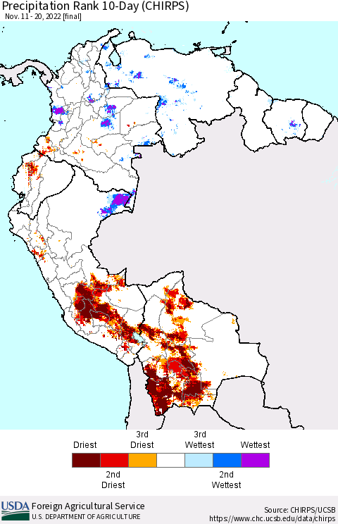 Northern South America Precipitation Rank 10-Day (CHIRPS) Thematic Map For 11/11/2022 - 11/20/2022